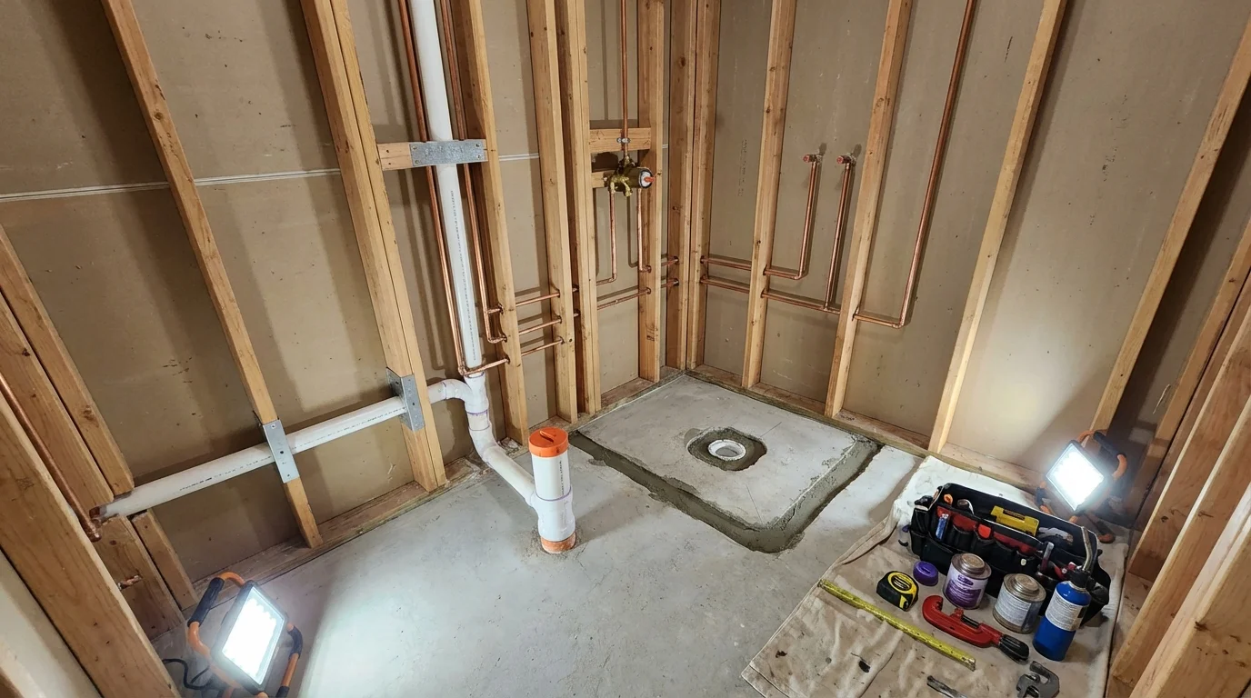Bathroom rough-in plumbing during remodel by Johns Plumbing LLC in Baldwin City