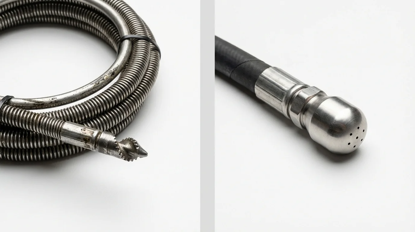 Drain snake cable and hydro jetting nozzle used for drain cleaning in Baldwin City, KS