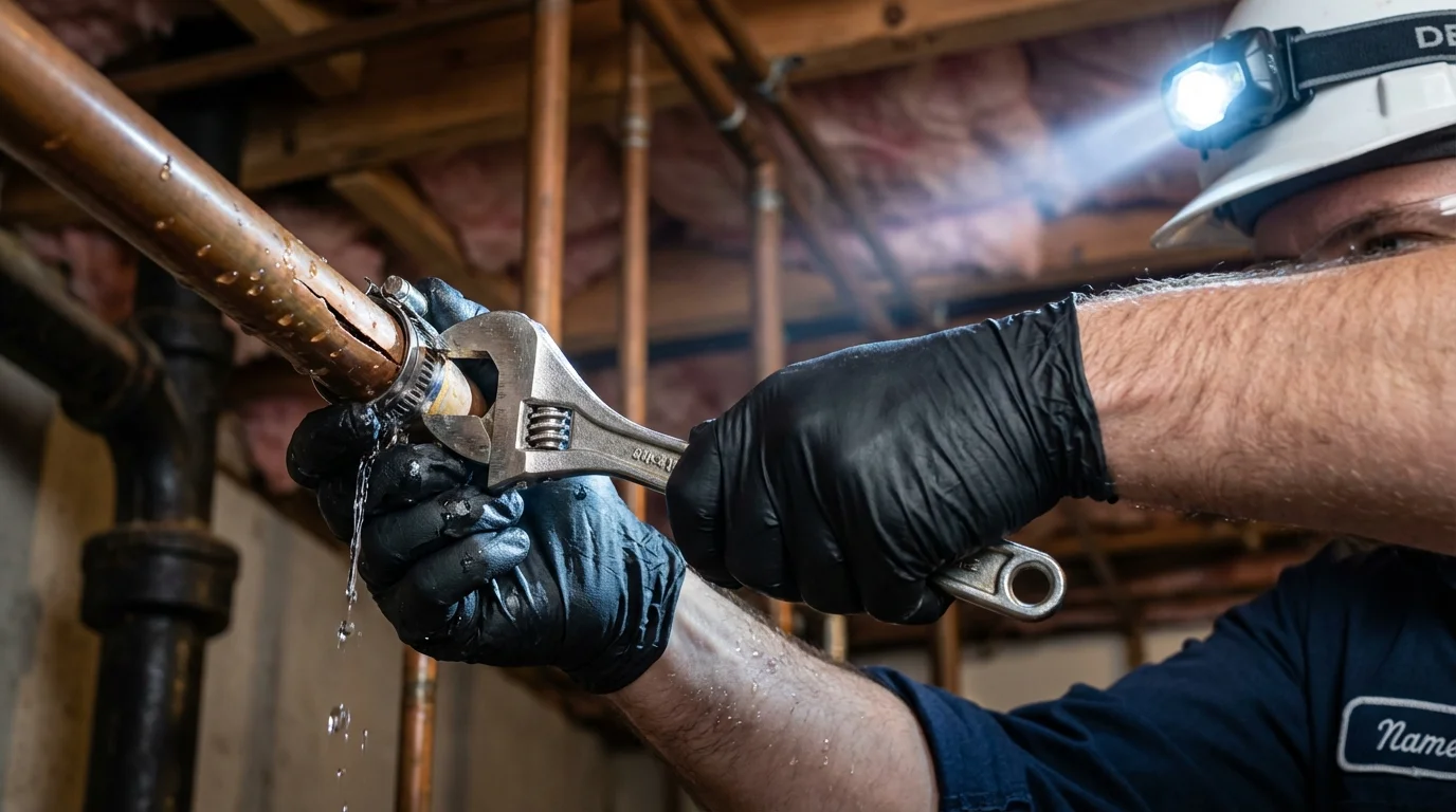 Emergency pipe clamp repair being performed by a Johns Plumbing LLC plumber in Baldwin City