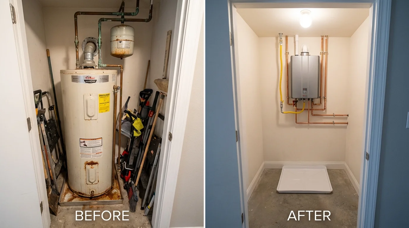 Tank water heater versus wall-mounted tankless unit comparison for Baldwin City, KS homeowners
