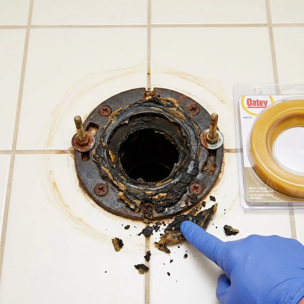 Failed wax ring showing water seepage at the base of a toilet in a Baldwin City, KS home