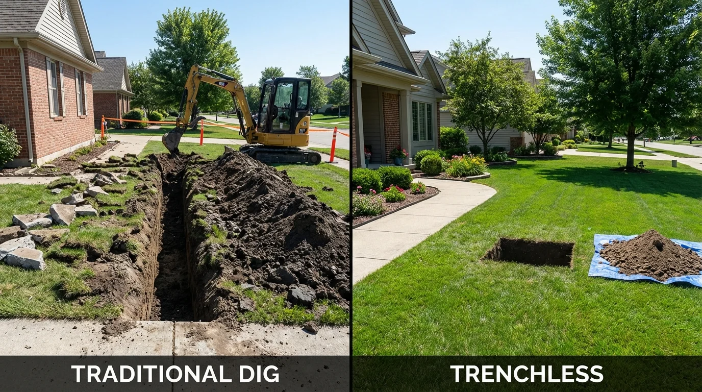 Trenchless sewer repair with minimal yard damage versus traditional excavation in Baldwin City, KS