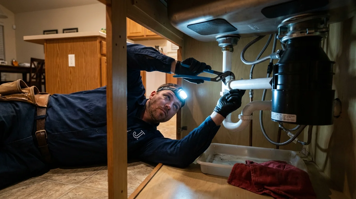 P-trap and supply line connections under a kitchen sink showing a common leak point in Baldwin City, KS